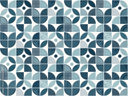 Seamless pattern design with blue geometric shapes, flowers, and dots, a colorful retro textile vector illustration