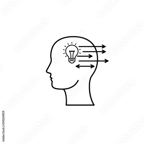 Abstract vector illustration of human head with light bulb and arrows. Thoughts and ideas concept. Scientists and creative approach