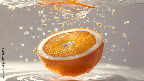Juicy Orange Slice Splashing in Water – Fresh Citrus Fruit with Droplets and Motion