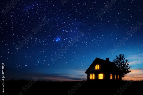 Wallpaper Mural Serene Sky Home: A tranquil silhouette of a home stands under a breathtaking starry night, a beacon of warmth against the vast cosmic expanse. Torontodigital.ca