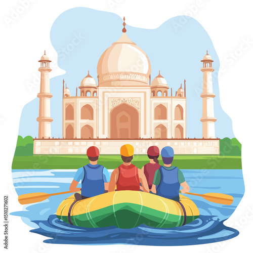 Exciting Rafting Adventure with People Paddling in Front of Traditional Barge