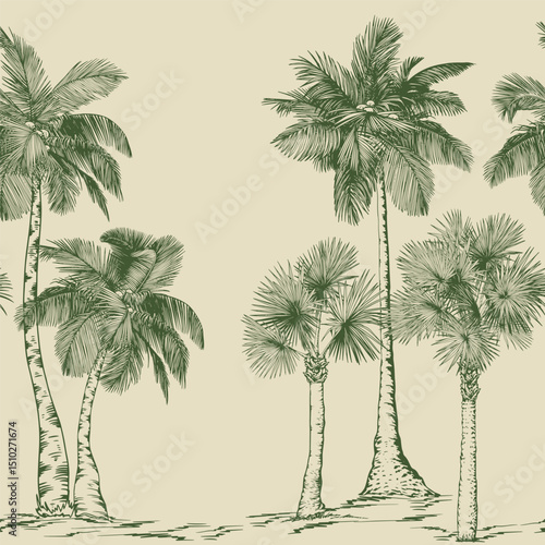 Seamless pattern with palm trees and tropical plants. Toile de Jouy style. Hand drawn vector illustration.