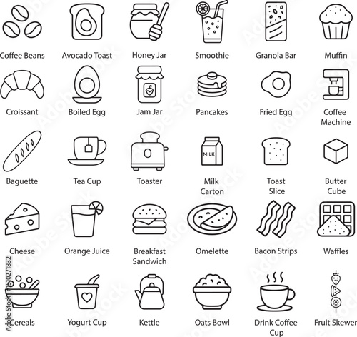 Breakfast Food Icons, Vector Illustration Set Isolated on White.
