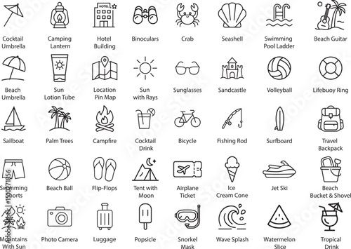 Summer Holiday Outline Icons, Vector Illustration Isolated on White