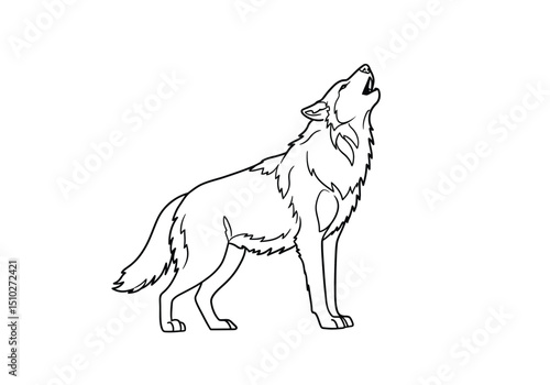 Howling wolf drawing. A howling wolf, a wild canine known for its distinctive vocalizations. The line art captures the wolf's form and the action of its howl. Vector sketch line art draw.