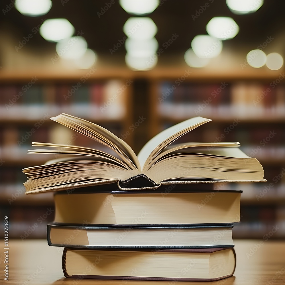 Fototapeta premium Photo of an Open Book on Stack of Books in a Library with Blurred Shelves in Background