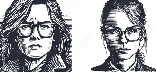 Woman with Glasses Giving an Intense, Skeptical Look – Vintage Woodcut-Inspired Female Portraits in Retro Hand-Drawn Etching Style