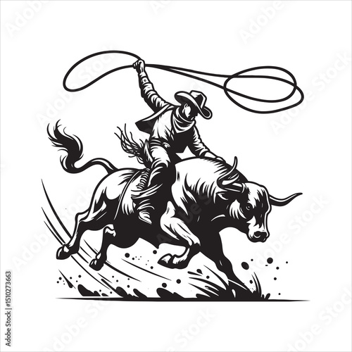 Bull Rodeo Showdown – Cowboy Riding a Bucking Bull in Action

