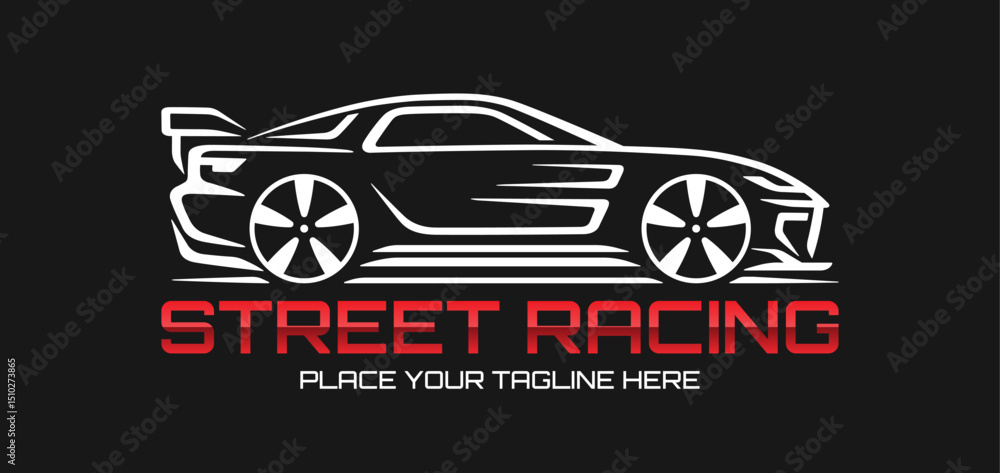 Fototapeta premium Modern vector car logo for car service. Sleek sports car silhouette on black background. Editable and scalable vector graphics.