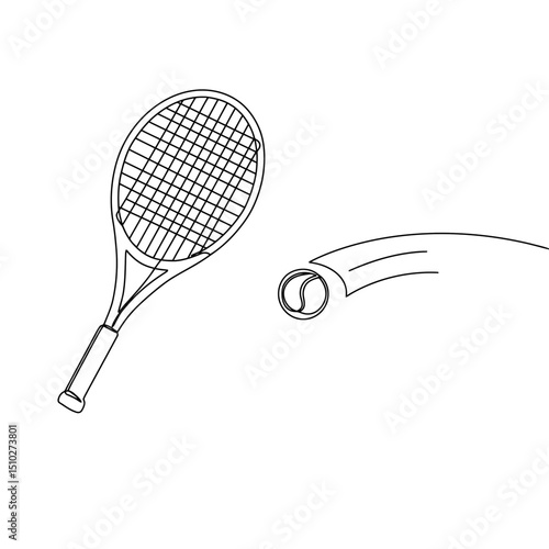 Tennis racket and ball flyiing after pass mid-air, continuous line style vector illustration. Sports and championships concept, hobby, tennis club and physical activity concept
