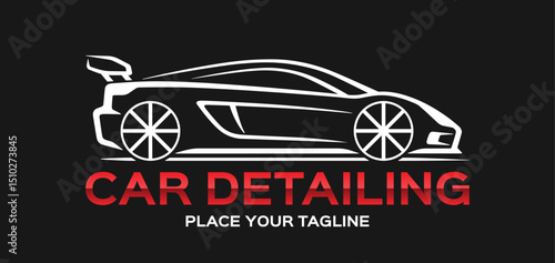 Modern vector car logo for car detailing shop, auto service. Sleek sports car silhouette on black background. Editable and scalable vector graphics.