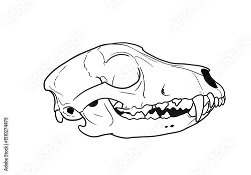 Wolf skull drawing. This image presents a wolf skull, a detailed anatomical sketch of the canine's cranium, highlighting its bone structure and teeth. Vector sketch line art draw.