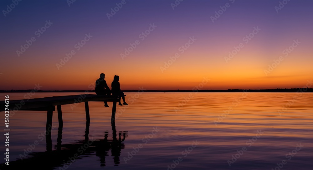 Fototapeta premium Silhouetted Couple Sitting on Wooden Pier Over Tranquil Lake at Sunset