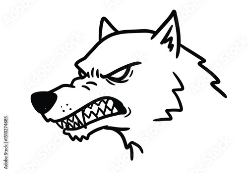 Bad wolf drawing. It is a bold black and white cartoon drawing of a wolf's head, snarling fiercely with bared fangs in a line art sketch. Vector sketch line art draw.