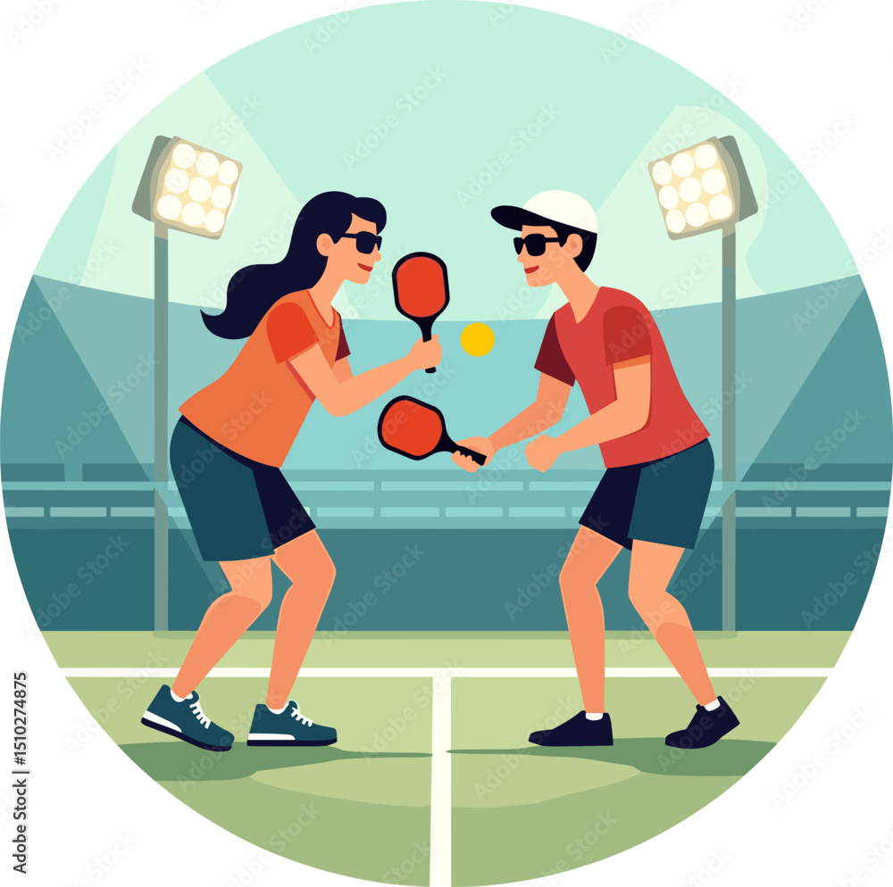 Mixed pickleball match with two players facing each other in stadium. Doubles game concept Mixed pickleball match with two players facing each other in stadium. Doubles game concept