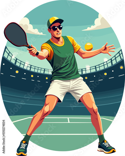 Pickleball player in green and white gear preparing to return the ball. Powerful stadium scene
