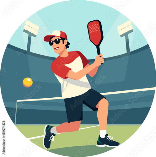 Male pickleball player in action pose hitting ball in stadium. Vector sports illustration