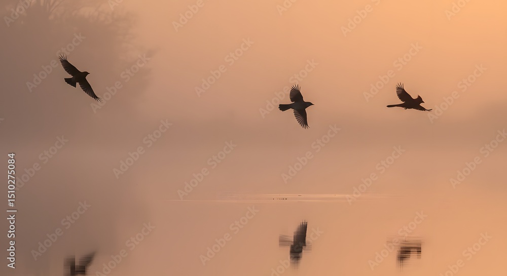 Fototapeta premium Silhouetted Birds Flying Over Calm Misty Lake at Sunrise