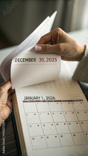 Turning the calendar from December 31, 2025 to January 1, 2026, symbolizing transition, fresh start and a new year
