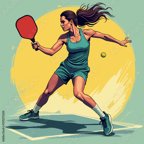 Female pickleball player in defensive stance with red paddle, ready for action. Energetic vector illustration