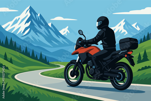 Biker on motorcycle enjoying scenic mountain road. Adventure travel vector illustration