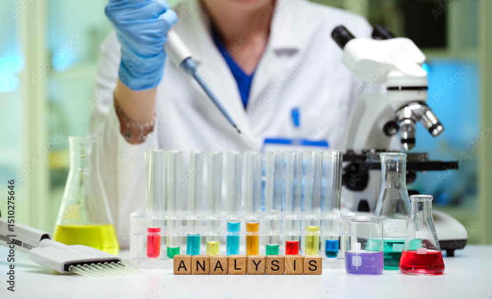 A dedicated laboratory scientist is diligently performing intricate analysis using colorful test tubes and a microscope A dedicated laboratory scientist is diligently performing intricate analysis using colorful test tubes and a microscope