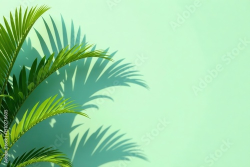 Light green floral wall, palm shadows Minimalist summer texture , light, art, home