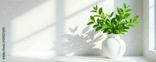 Lush greenery in pristine white porcelain vase, casts window shadow on white wall Minimalist home decor , simple, modern