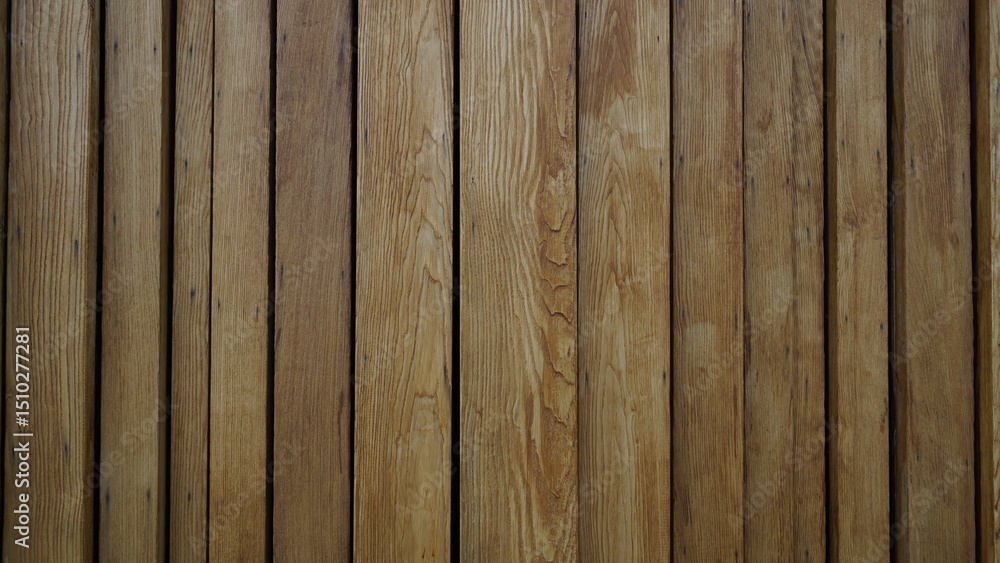 Obraz premium Wooden fence, background of the wall made of wooden texture. Background with wooden beams. Interior of a village wooden house with vertical logs. Texture of tree trunks of different widths