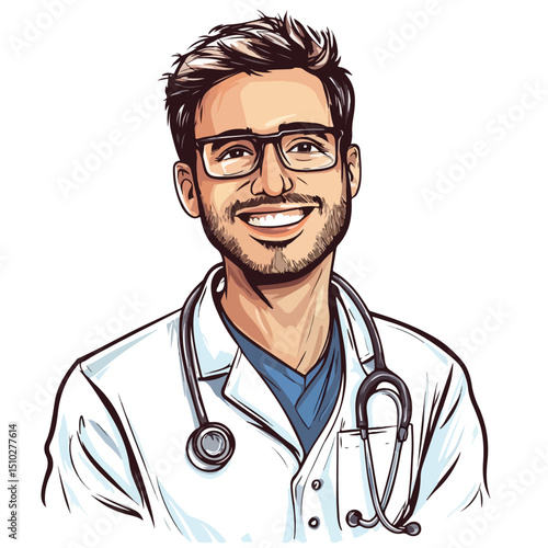 Professional Sketch Color Silhouette Half Body Caricature Doctor Illustration