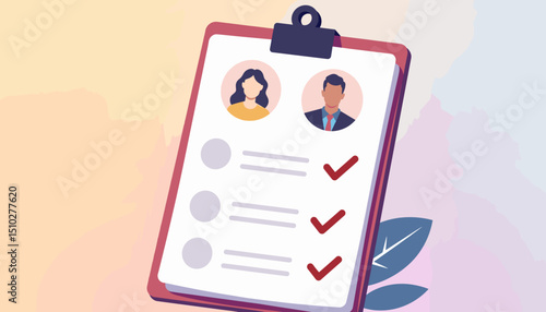 Checklist with Business People and Check Marks for Professional Development, HR Management, Hiring Processes, and Corporate Training Material
