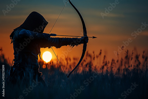 Silhouette of an archer aiming an arrow at an unseen enemy