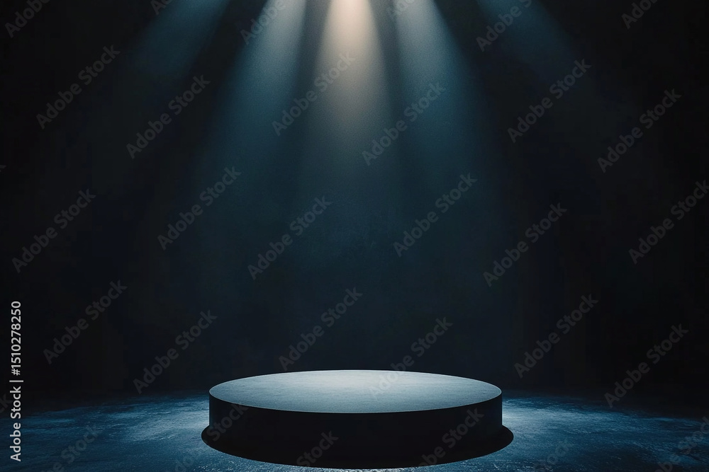 Spotlight highlighting empty podium in black minimal space Spotlight highlighting empty podium in black minimal space