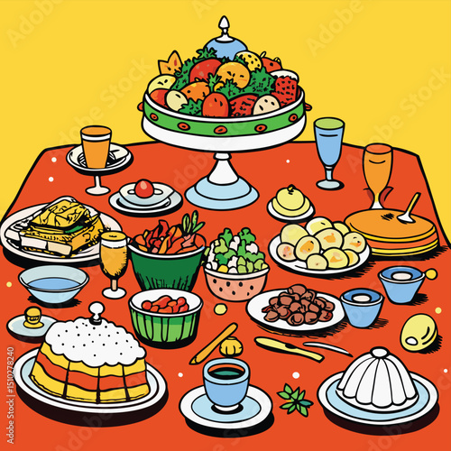 Abundance table overflowing with various dishes and food feast