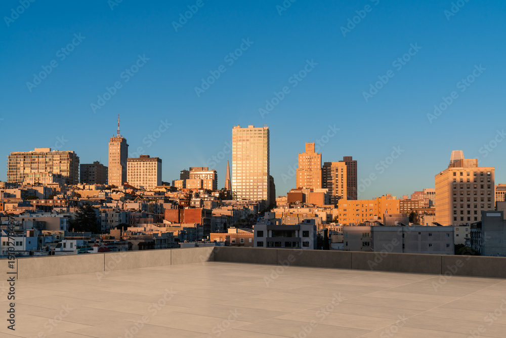 Fototapeta premium Skyscrapers Cityscape Downtown, San Francisco Skyline Buildings. Beautiful Real Estate. Sunset. Empty rooftop View. Success concept.