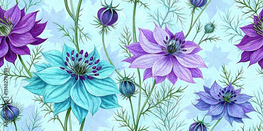 Obraz premium Seamless pattern of nigella flowers airy and romantic ditsy floral