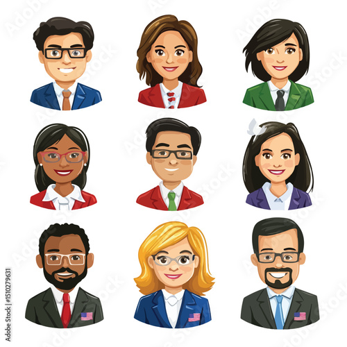 Diverse Group of Nine Persons Representing Election Day Characters Vector Illustration