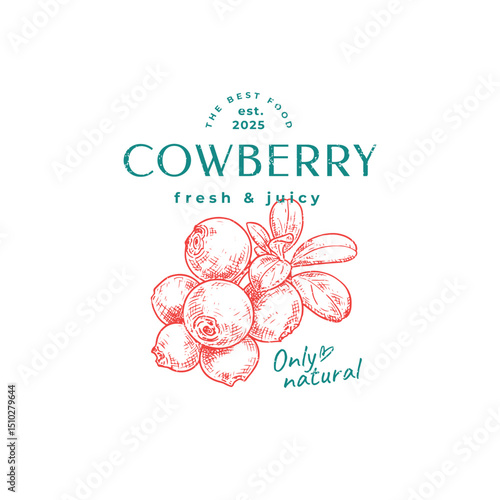 Logo design over hand drawn cowberry branch. Vector illustration in vintage style.