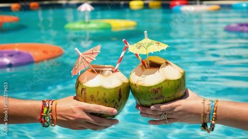 Tropical Poolside Cheers: Two Coconut Drinks with Colorful Bracelets
