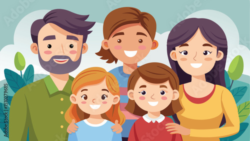 Cartoon Family Portrait Parents with Three Daughters Posing Against a Leafy Background