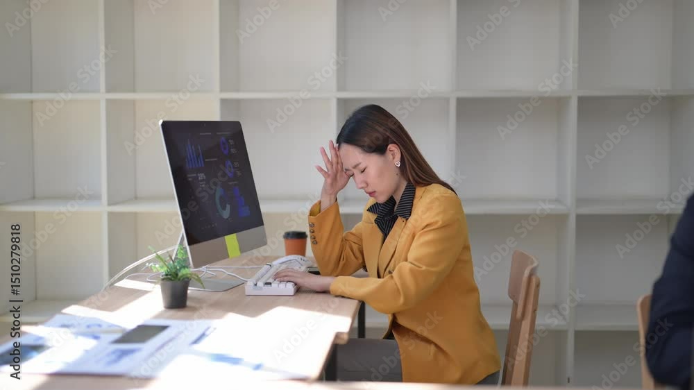 A woman is sitting at a desk with a computer monitor in front of her. She is wearing a yellow jacket and is holding her head A woman is sitting at a desk with a computer monitor in front of her. She is wearing a yellow jacket and is holding her head
