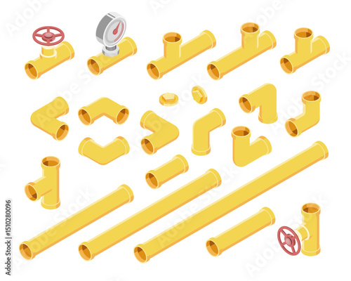 Isometric illustration set of yellow industrial gas pipe fittings valves and connectors isolated on white background for plumbing construction or factory engineering design
