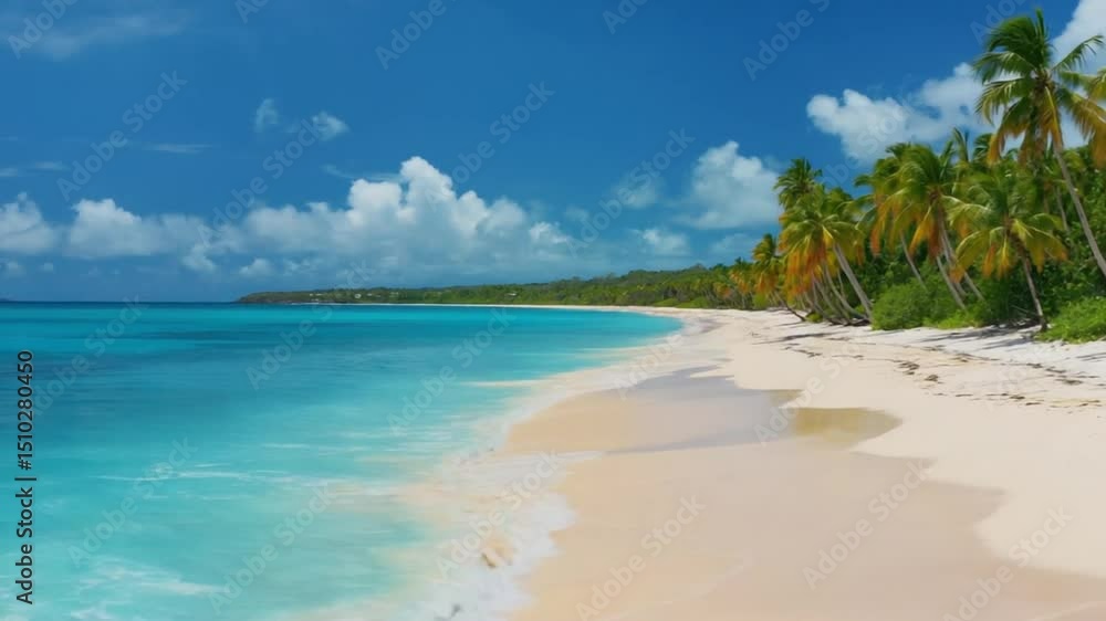 Aerial View: Pristine Caribbean Beach, Turquoise Waters, Palm Grove Aerial View: Pristine Caribbean Beach, Turquoise Waters, Palm Grove