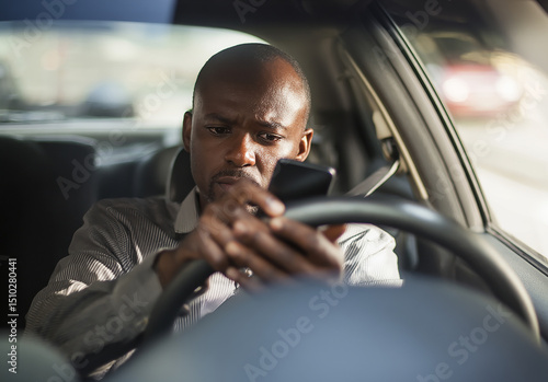 a man committing reckless driving or driving a car while looking at his cell phone