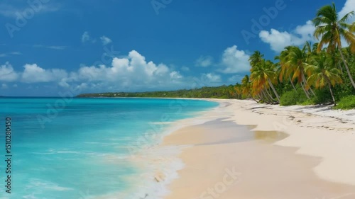 Aerial View: Pristine Caribbean Beach, Turquoise Waters, Palm Grove