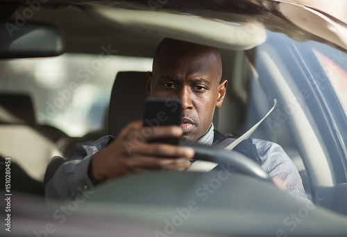 a man committing reckless driving or driving a car while looking at his cell phone