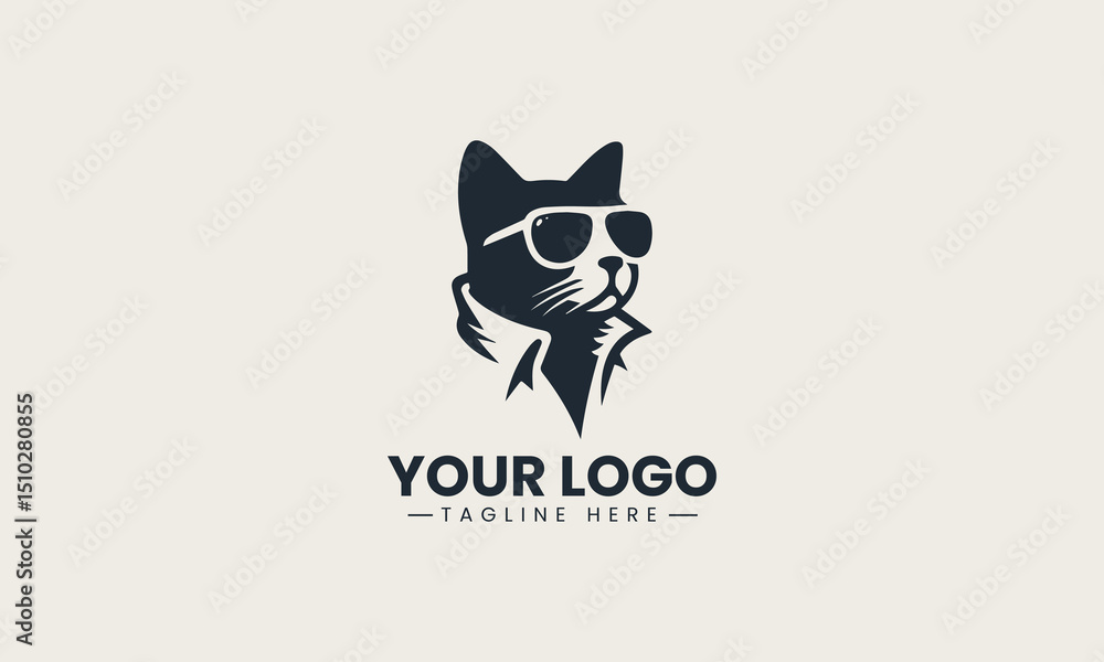 Obraz premium Minimal silhouette of a fashionable black cat wearing shades and open shirt logo illustration