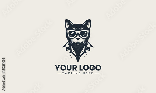 Minimal silhouette of a fashionable black cat wearing shades and open shirt logo illustration