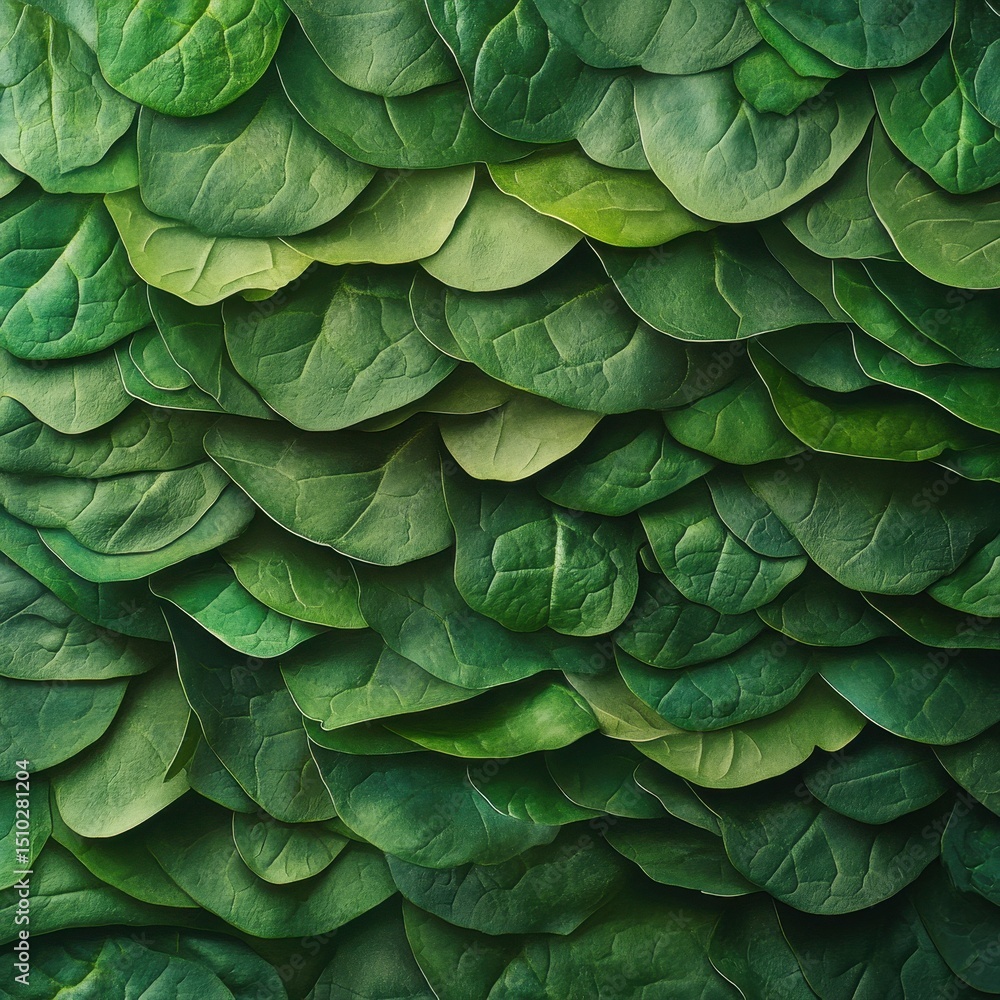 Obraz premium Layered Leaves: A close-up study of meticulously arranged green leaves, showcasing textures and organic patterns of nature. 