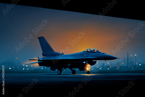 F-16 fighter jet getting ready to take off from the hangar at dusk